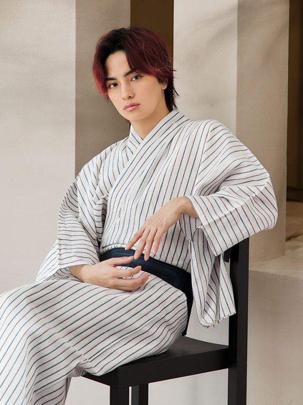 画像15: 【即日発送】【メンズ浴衣】白地にトリコロールカラーのストライプ紳士浴衣【浴衣３点セット 浴衣/帯/下駄】[YMT] (15)