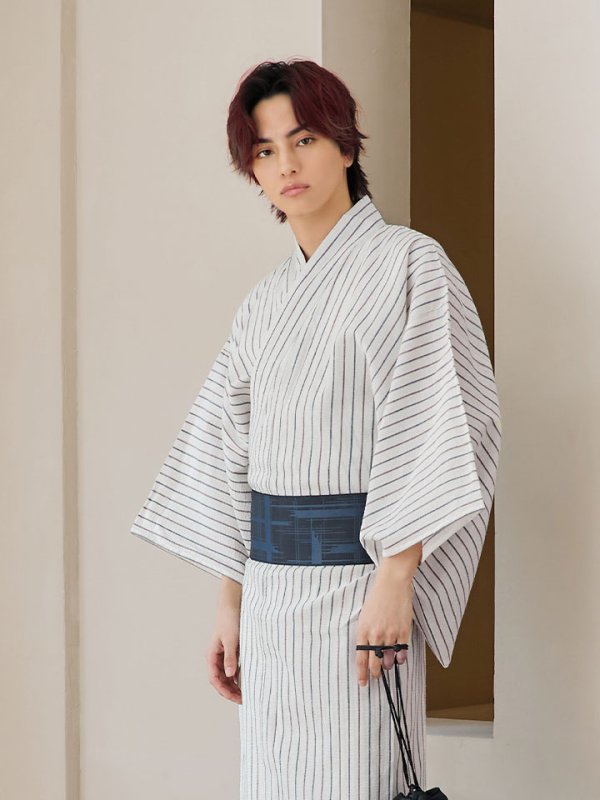 画像7: 【即日発送】【メンズ浴衣】白地にトリコロールカラーのストライプ紳士浴衣【浴衣３点セット 浴衣/帯/下駄】[YMT] (7)