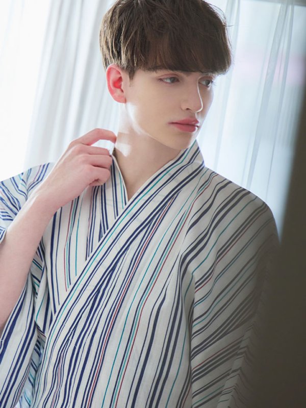 画像9: 【即日発送】【メンズ浴衣】白地にスタイリッシュなストライプ紳士浴衣【浴衣３点セット 浴衣/帯/下駄】[YMT] (9)