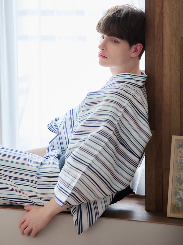 画像10: 【即日発送】【メンズ浴衣】白地にスタイリッシュなストライプ紳士浴衣【浴衣３点セット 浴衣/帯/下駄】[YMT] (10)