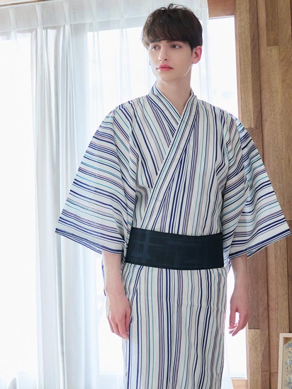画像11: 【即日発送】【メンズ浴衣】白地にスタイリッシュなストライプ紳士浴衣【浴衣３点セット 浴衣/帯/下駄】[YMT] (11)