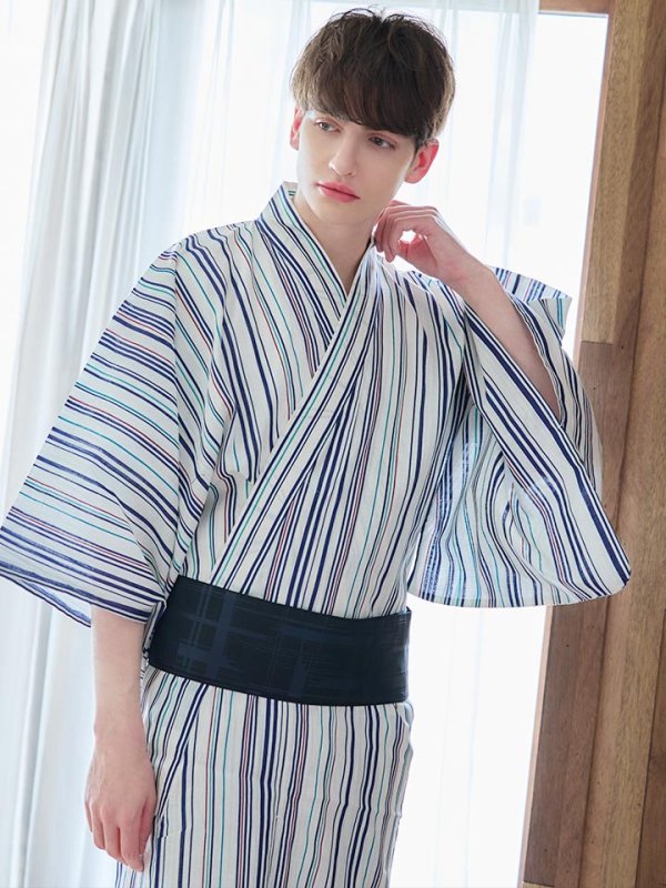 画像3: 【即日発送】【メンズ浴衣】白地にスタイリッシュなストライプ紳士浴衣【浴衣３点セット 浴衣/帯/下駄】[YMT] (3)