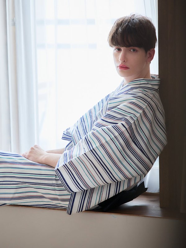 画像6: 【即日発送】【メンズ浴衣】白地にスタイリッシュなストライプ紳士浴衣【浴衣３点セット 浴衣/帯/下駄】[YMT] (6)