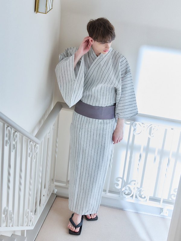 画像10: 【即日発送】【メンズ浴衣】清涼感あふれるしじら織ストライプ紳士浴衣【浴衣３点セット 浴衣/帯/下駄】[YMT] (10)