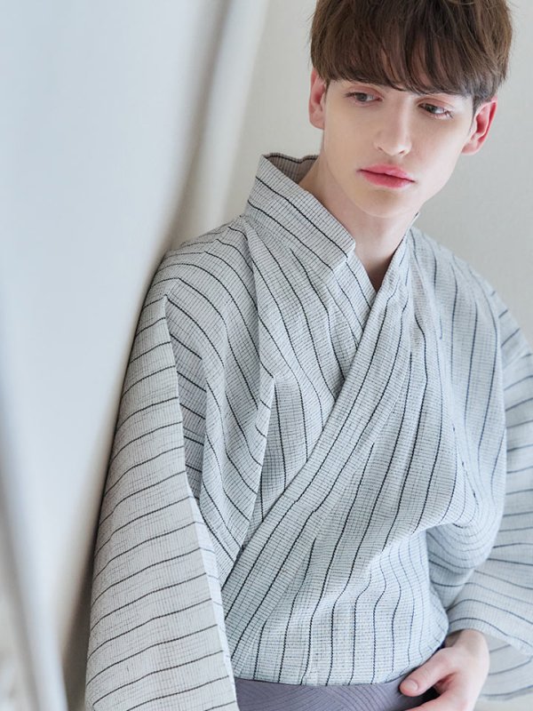 画像12: 【即日発送】【メンズ浴衣】清涼感あふれるしじら織ストライプ紳士浴衣【浴衣３点セット 浴衣/帯/下駄】[YMT] (12)