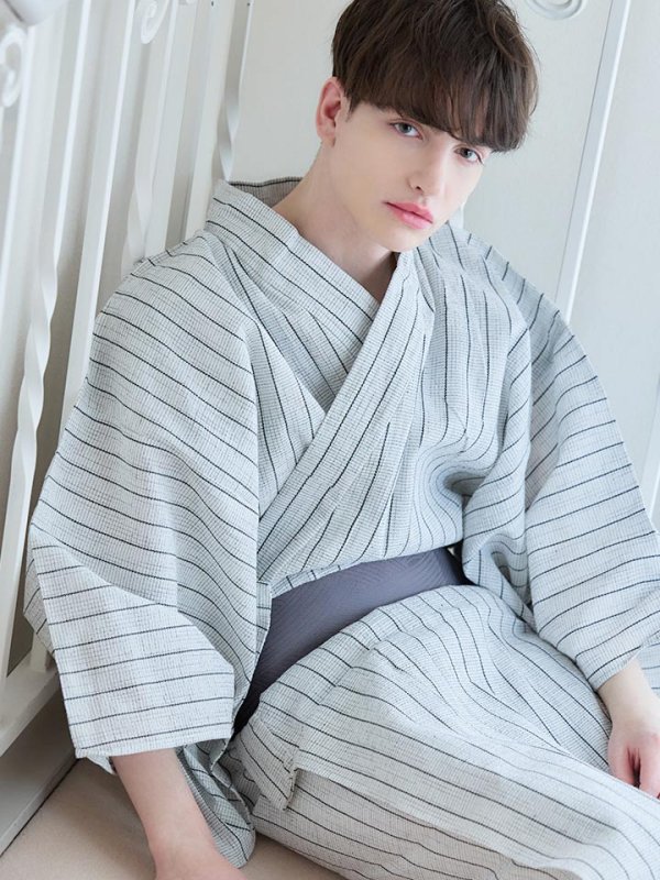画像13: 【即日発送】【メンズ浴衣】清涼感あふれるしじら織ストライプ紳士浴衣【浴衣３点セット 浴衣/帯/下駄】[YMT] (13)
