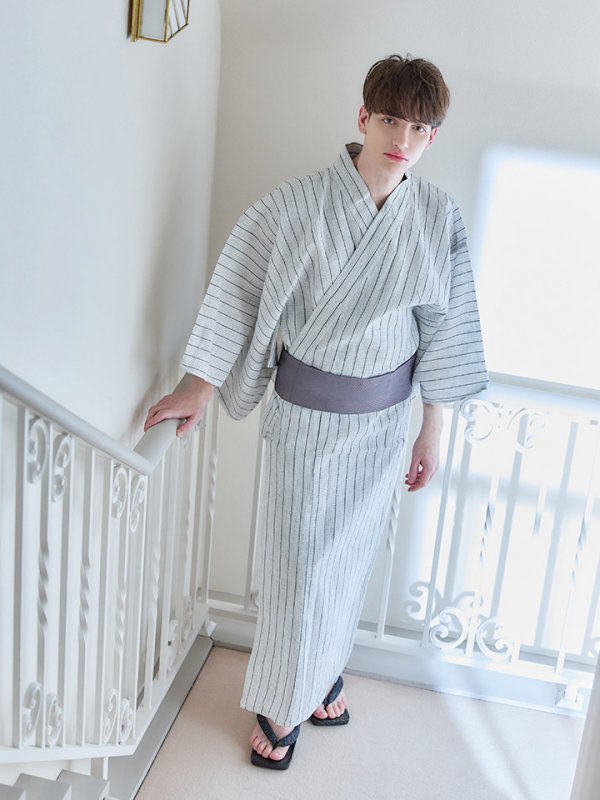 画像4: 【即日発送】【メンズ浴衣】清涼感あふれるしじら織ストライプ紳士浴衣【浴衣３点セット 浴衣/帯/下駄】[YMT] (4)