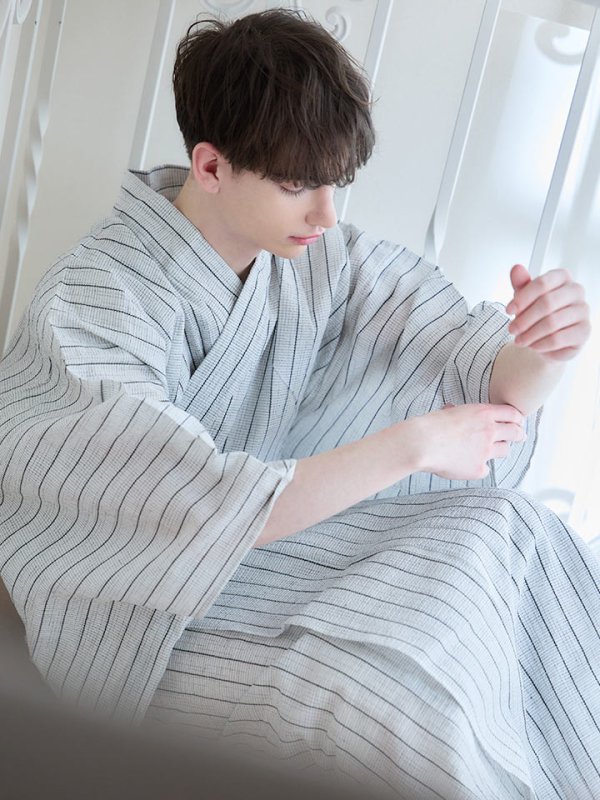 画像6: 【即日発送】【メンズ浴衣】清涼感あふれるしじら織ストライプ紳士浴衣【浴衣３点セット 浴衣/帯/下駄】[YMT] (6)