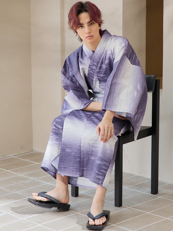 画像10: 【即日発送】【メンズ浴衣】濃淡紫地にボーダーデザインの紳士浴衣【浴衣３点セット 浴衣/帯/下駄】[FB03] (10)