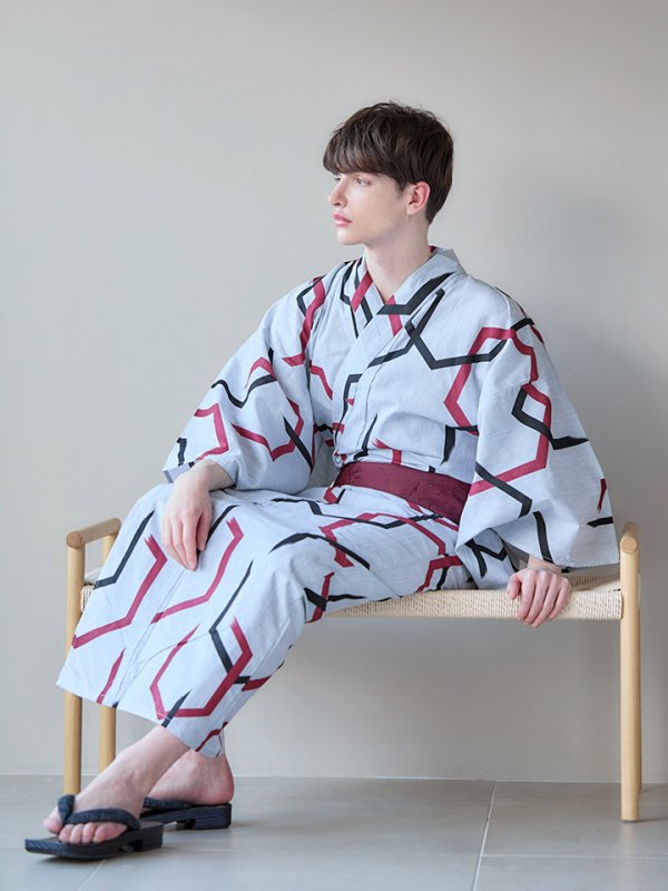 画像9: 【即日発送】【メンズ浴衣】白地に幾何学模様の紳士浴衣【浴衣３点セット 浴衣/帯/下駄】[YMT] (9)
