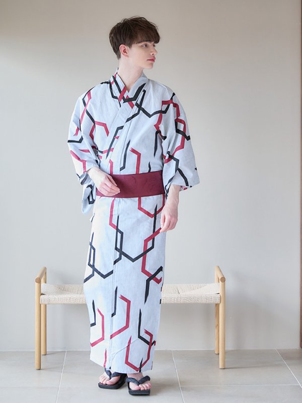 画像10: 【即日発送】【メンズ浴衣】白地に幾何学模様の紳士浴衣【浴衣３点セット 浴衣/帯/下駄】[YMT] (10)