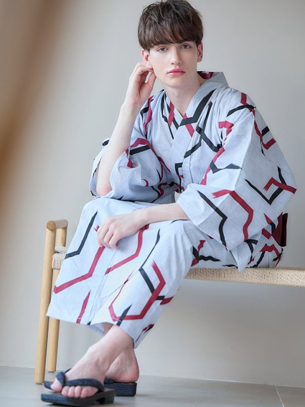 画像2: 【即日発送】【メンズ浴衣】白地に幾何学模様の紳士浴衣【浴衣３点セット 浴衣/帯/下駄】[YMT] (2)