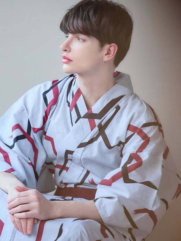 画像6: 【即日発送】【メンズ浴衣】白地に幾何学模様の紳士浴衣【浴衣３点セット 浴衣/帯/下駄】[YMT] (6)