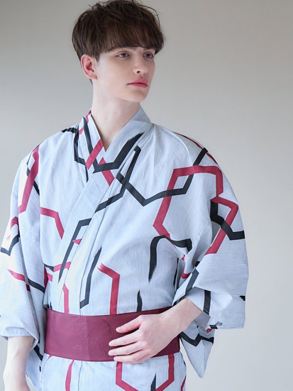 画像8: 【即日発送】【メンズ浴衣】白地に幾何学模様の紳士浴衣【浴衣３点セット 浴衣/帯/下駄】[YMT] (8)