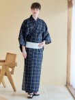 画像4: 【即日発送】【メンズ浴衣】紺地に格子柄紳士浴衣【浴衣３点セット 浴衣/帯/下駄】[YMT] (4)
