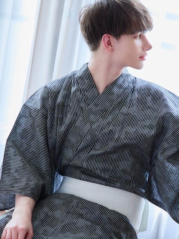 画像8: 【即日発送】【メンズ浴衣】黒地に迷彩柄ストライプ紳士浴衣【浴衣３点セット 浴衣/帯/下駄】[YMT] (8)