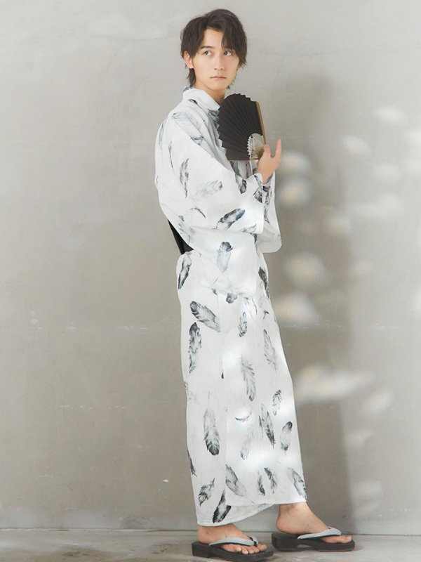 画像10: 【即日発送！】【メンズ浴衣】大理石×モノトーンフェザー浴衣【浴衣３点セット 浴衣/帯/下駄】[YMT] (10)