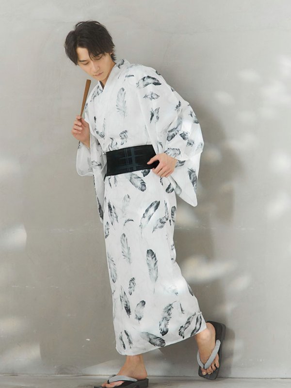 画像12: 【即日発送！】【メンズ浴衣】大理石×モノトーンフェザー浴衣【浴衣３点セット 浴衣/帯/下駄】[YMT] (12)