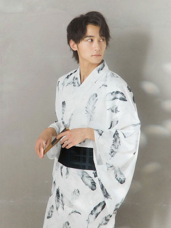 画像5: 【即日発送！】【メンズ浴衣】大理石×モノトーンフェザー浴衣【浴衣３点セット 浴衣/帯/下駄】[YMT] (5)