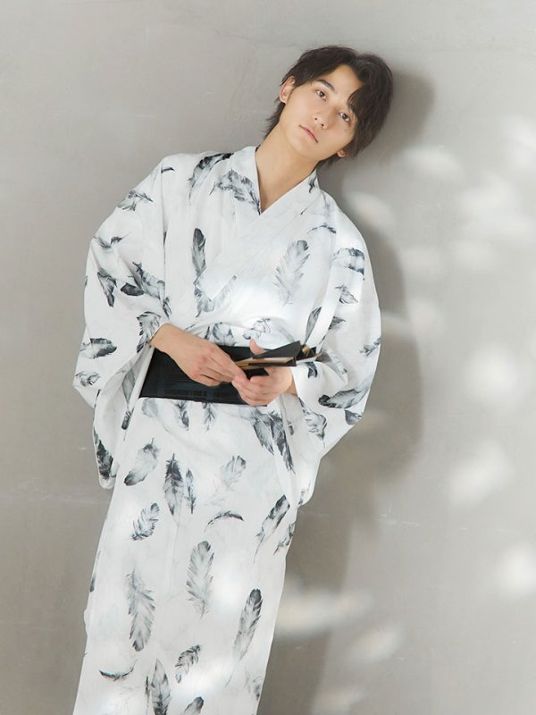 画像6: 【即日発送！】【メンズ浴衣】大理石×モノトーンフェザー浴衣【浴衣３点セット 浴衣/帯/下駄】[YMT] (6)