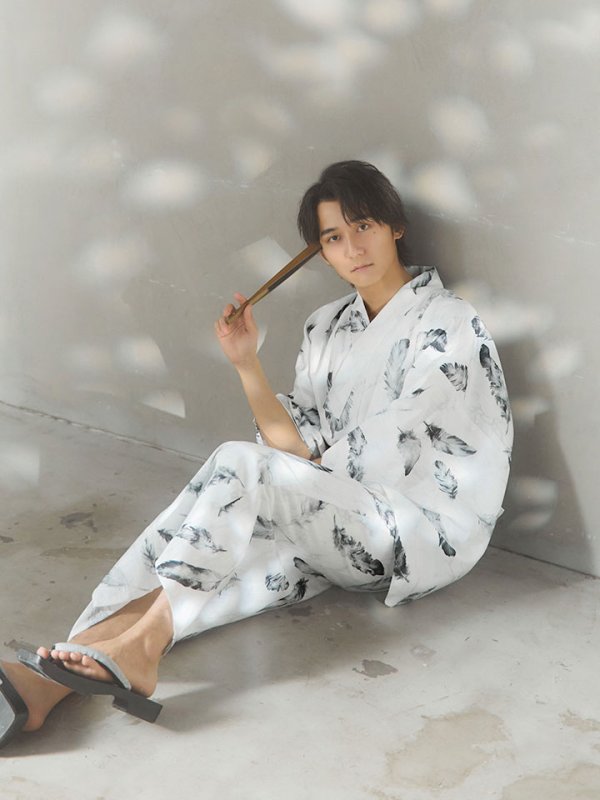 画像7: 【即日発送！】【メンズ浴衣】大理石×モノトーンフェザー浴衣【浴衣３点セット 浴衣/帯/下駄】[YMT] (7)