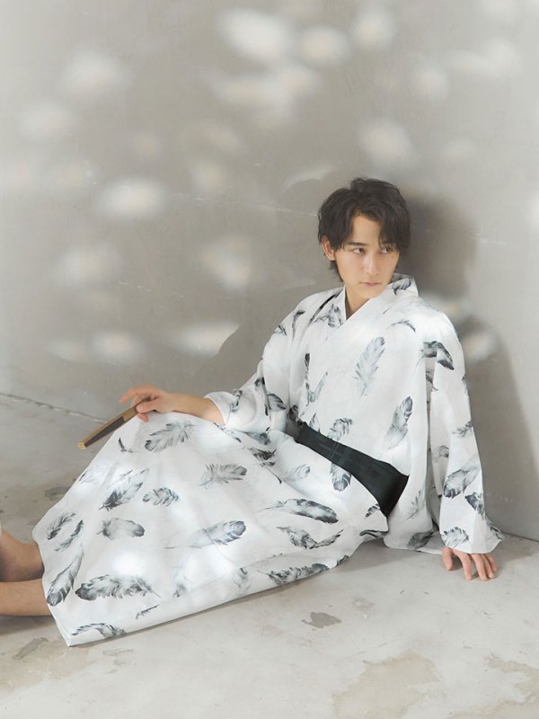 画像14: 【即日発送！】【メンズ浴衣】大理石×モノトーンフェザー浴衣【浴衣３点セット 浴衣/帯/下駄】[YMT] (14)