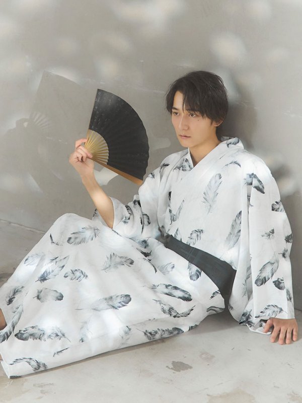 画像13: 【即日発送！】【メンズ浴衣】大理石×モノトーンフェザー浴衣【浴衣３点セット 浴衣/帯/下駄】[YMT] (13)