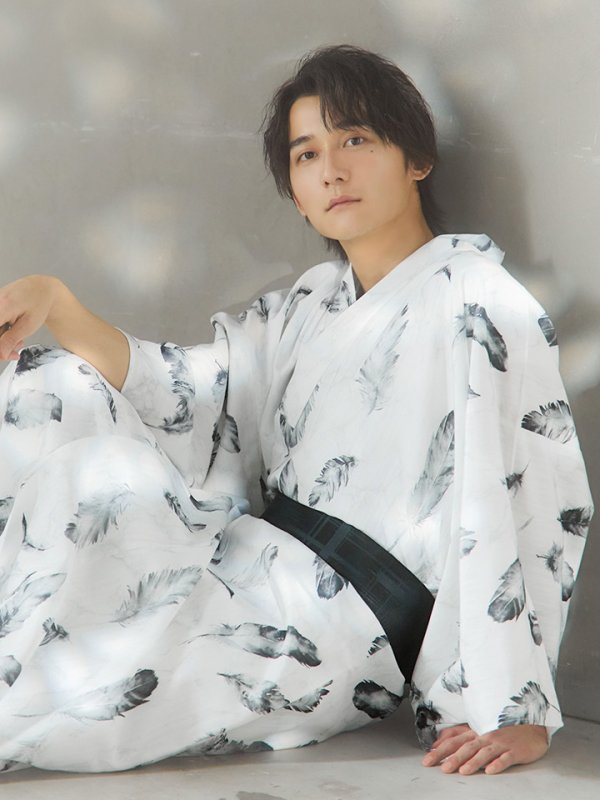 画像2: 【即日発送！】【メンズ浴衣】大理石×モノトーンフェザー浴衣【浴衣３点セット 浴衣/帯/下駄】[YMT] (2)