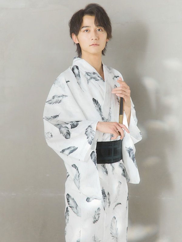 画像4: 【即日発送！】【メンズ浴衣】大理石×モノトーンフェザー浴衣【浴衣３点セット 浴衣/帯/下駄】[YMT] (4)
