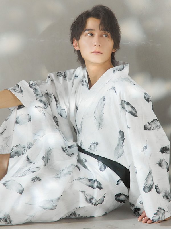 画像3: 【即日発送！】【メンズ浴衣】大理石×モノトーンフェザー浴衣【浴衣３点セット 浴衣/帯/下駄】[YMT] (3)
