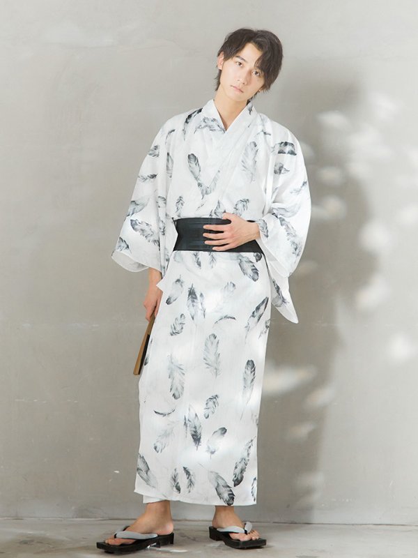 画像15: 【即日発送！】【メンズ浴衣】大理石×モノトーンフェザー浴衣【浴衣３点セット 浴衣/帯/下駄】[YMT] (15)
