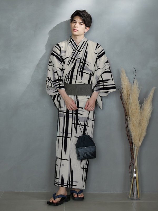 画像1: 【即日発送】【メンズ浴衣】ストライプ地モダン浴衣【浴衣３点セット 浴衣/帯/下駄】[YMT] (1)
