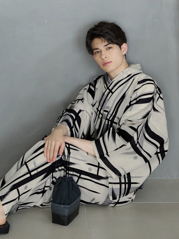 画像2: 【即日発送】【メンズ浴衣】ストライプ地モダン浴衣【浴衣３点セット 浴衣/帯/下駄】[YMT] (2)