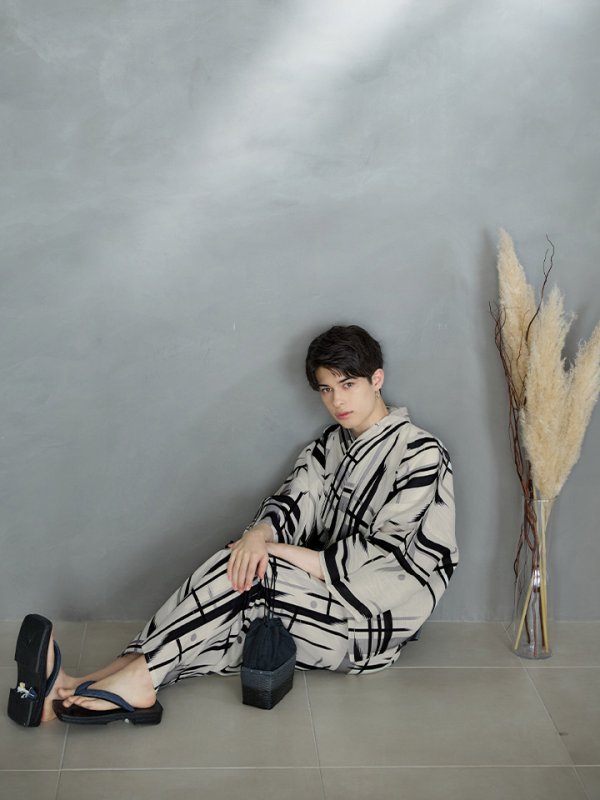 画像9: 【即日発送】【メンズ浴衣】ストライプ地モダン浴衣【浴衣３点セット 浴衣/帯/下駄】[YMT] (9)