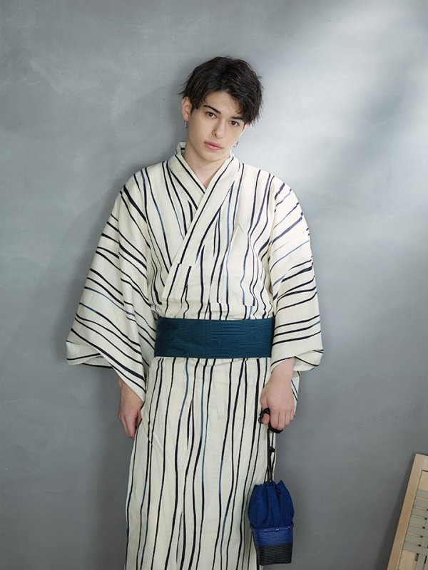 画像2: 【即日発送】【メンズ浴衣】白地×ストライプ浴衣【浴衣３点セット 浴衣/帯/下駄】[YMT] (2)