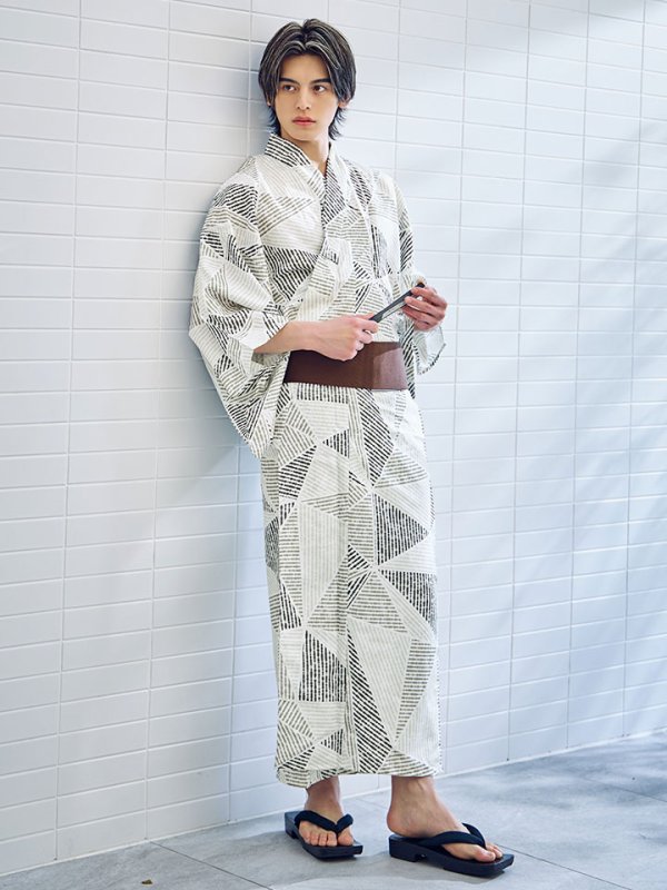 画像10: 【即日発送】カーキグリーン幾何学的模様浴衣 【浴衣３点セット 浴衣/帯/下駄】[/YMT] (10)