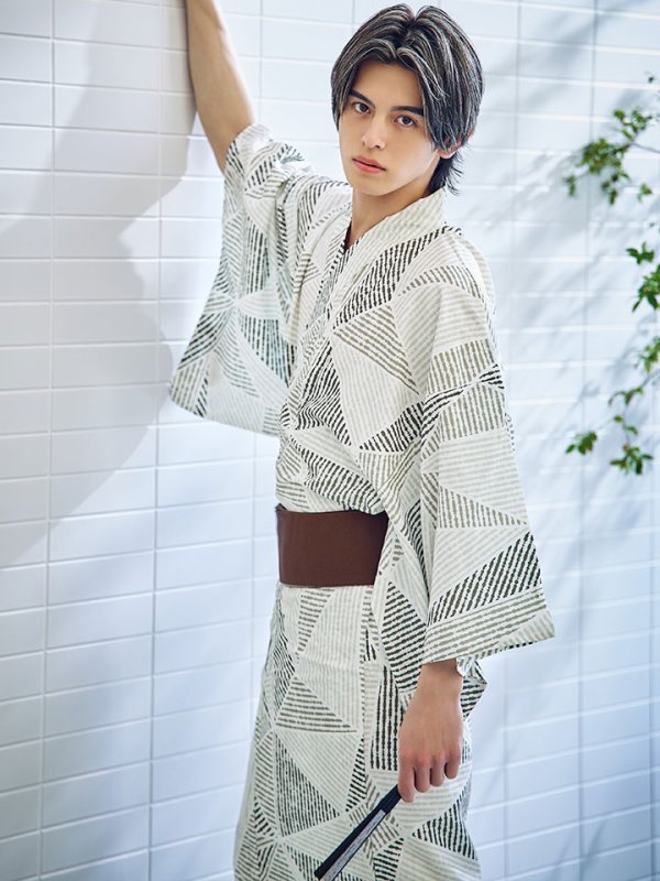 画像2: 【即日発送】カーキグリーン幾何学的模様浴衣 【浴衣３点セット 浴衣/帯/下駄】[/YMT] (2)