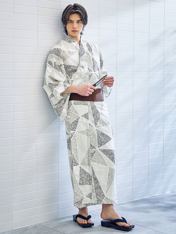 画像3: 【即日発送】カーキグリーン幾何学的模様浴衣 【浴衣３点セット 浴衣/帯/下駄】[/YMT] (3)