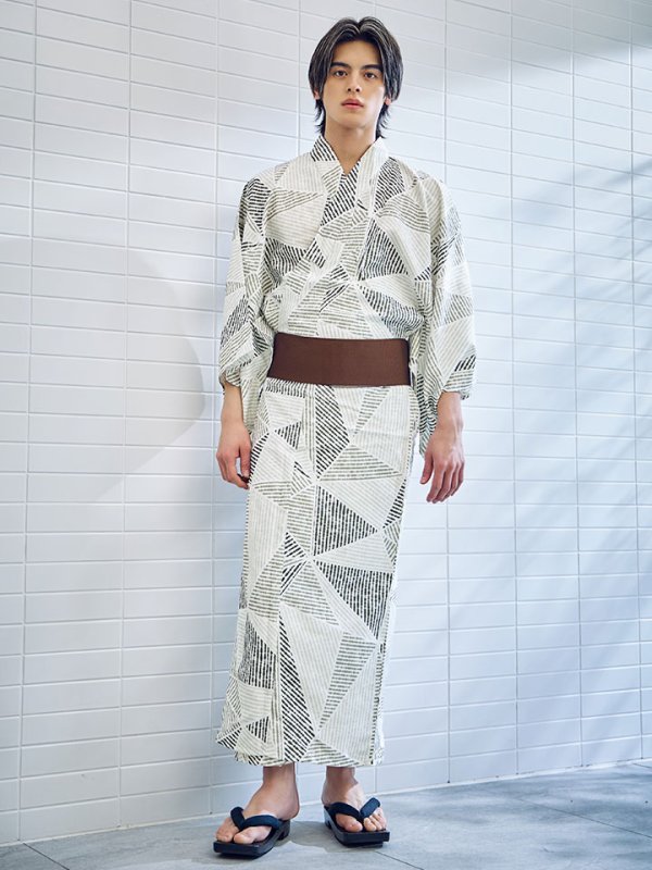 画像4: 【即日発送】カーキグリーン幾何学的模様浴衣 【浴衣３点セット 浴衣/帯/下駄】[/YMT] (4)