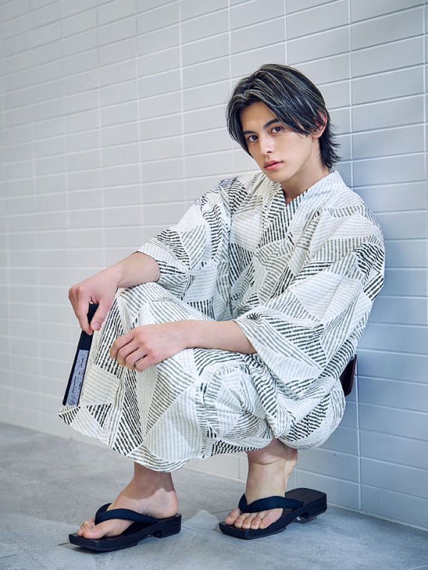 画像7: 【即日発送】カーキグリーン幾何学的模様浴衣 【浴衣３点セット 浴衣/帯/下駄】[/YMT] (7)