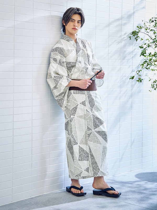 画像9: 【即日発送】カーキグリーン幾何学的模様浴衣 【浴衣３点セット 浴衣/帯/下駄】[/YMT] (9)