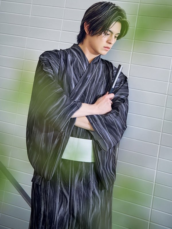 画像2: 【即日発送】モザイクアート×ストライプ浴衣 【浴衣３点セット 浴衣/帯/下駄】[/YMT] (2)