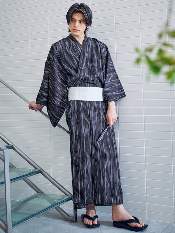 画像3: 【即日発送】モザイクアート×ストライプ浴衣 【浴衣３点セット 浴衣/帯/下駄】[/YMT] (3)