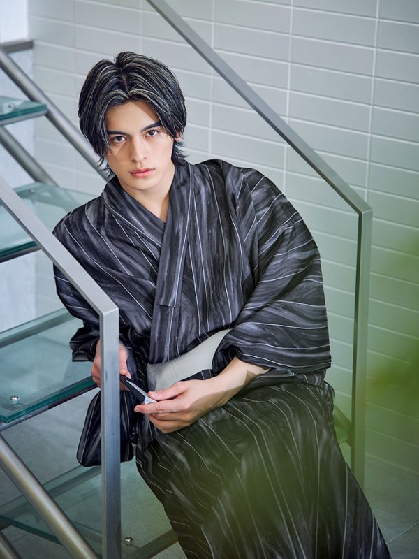 画像6: 【即日発送】モザイクアート×ストライプ浴衣 【浴衣３点セット 浴衣/帯/下駄】[/YMT] (6)