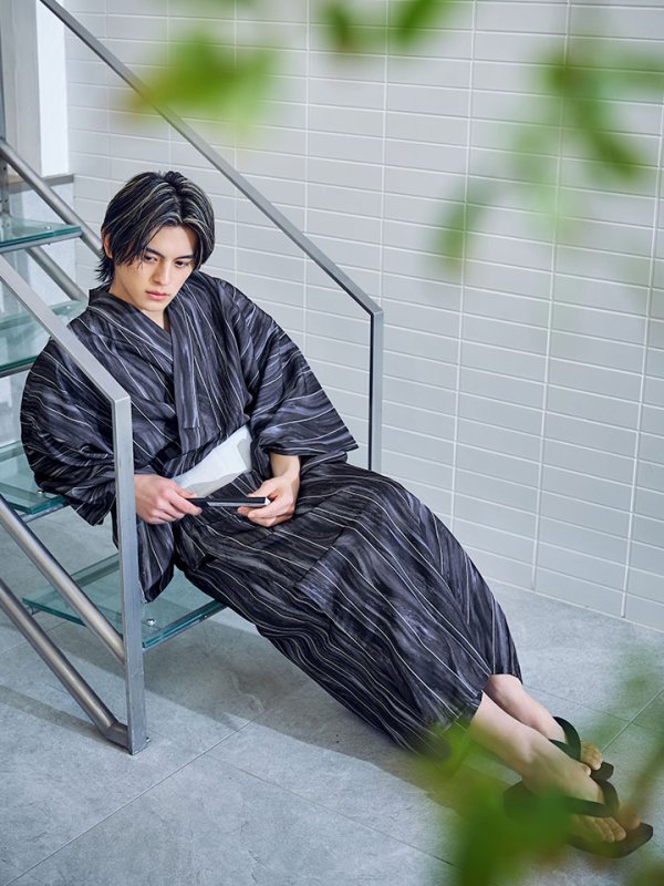 画像7: 【即日発送】モザイクアート×ストライプ浴衣 【浴衣３点セット 浴衣/帯/下駄】[/YMT] (7)