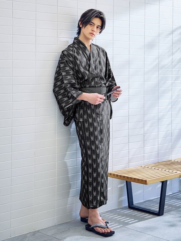 画像10: 【即日発送】ブラック矢羽線画紳士浴衣【浴衣３点セット 浴衣/帯/下駄】[YMT] (10)