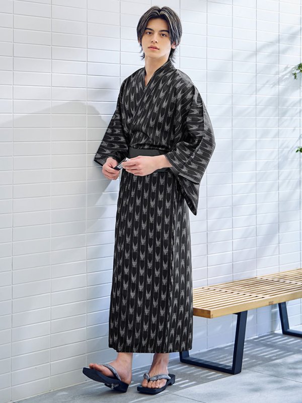画像12: 【即日発送】ブラック矢羽線画紳士浴衣【浴衣３点セット 浴衣/帯/下駄】[YMT] (12)