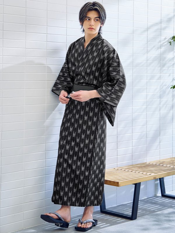 画像3: 【即日発送】ブラック矢羽線画紳士浴衣【浴衣３点セット 浴衣/帯/下駄】[YMT] (3)