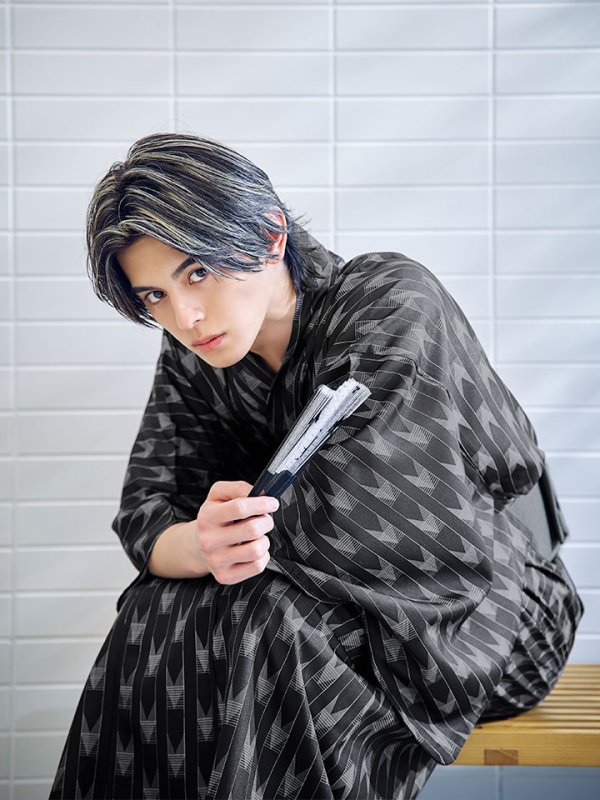 画像5: 【即日発送】ブラック矢羽線画紳士浴衣【浴衣３点セット 浴衣/帯/下駄】[YMT] (5)