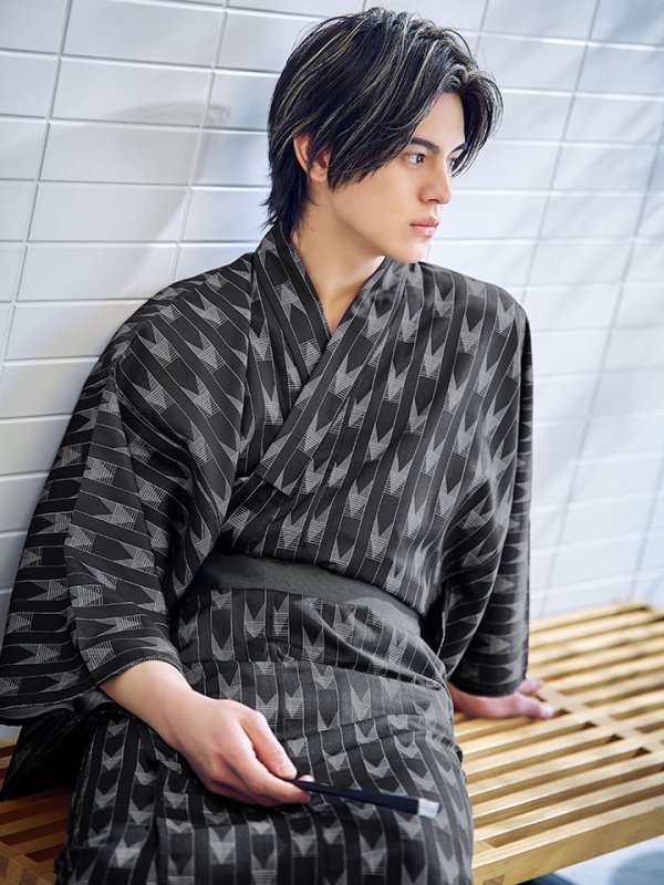 画像6: 【即日発送】ブラック矢羽線画紳士浴衣【浴衣３点セット 浴衣/帯/下駄】[YMT] (6)